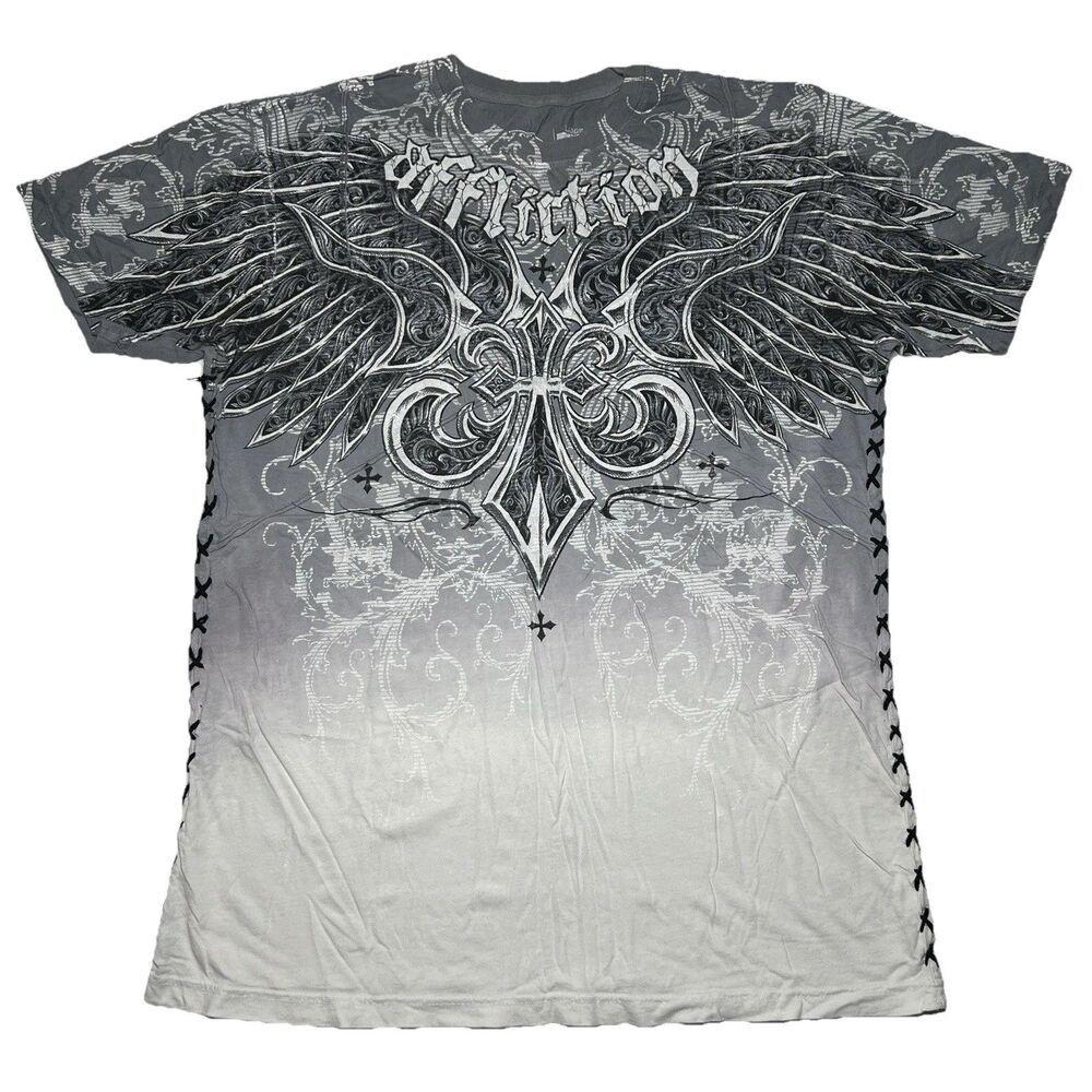Y2k Affliction Men's L Graphic Cross Wings Crew Neck T-Shirt  White X Stitching